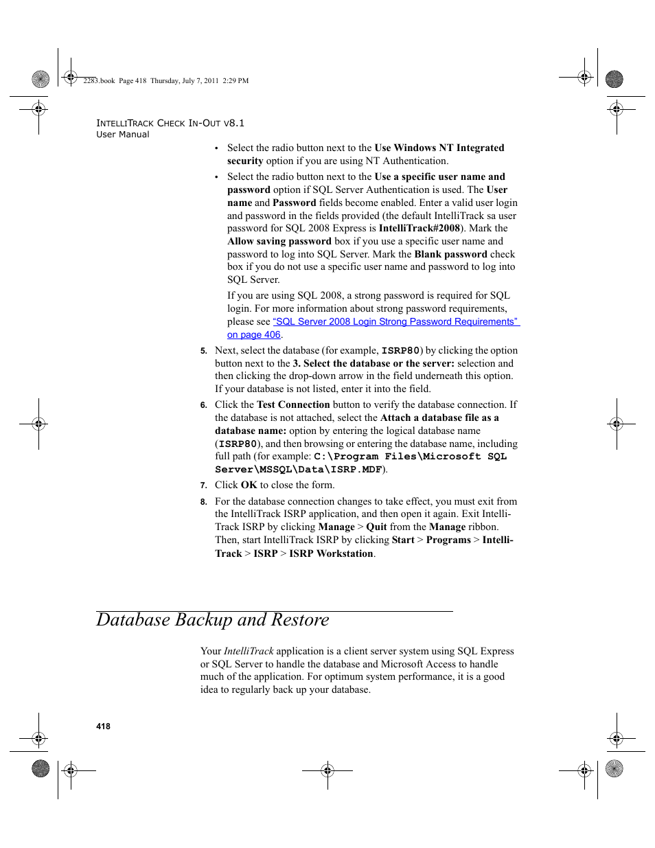 Database backup and restore | IntelliTrack Check In/Out User Manual | Page 448 / 564