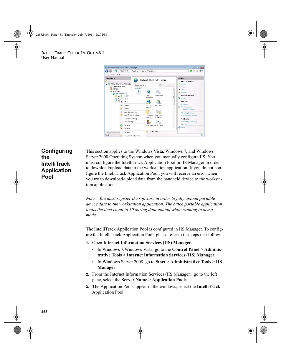 Configuring the intellitrack application pool, E see, Configuring the intellitrack application pool” on | IntelliTrack Check In/Out User Manual | Page 488 / 564