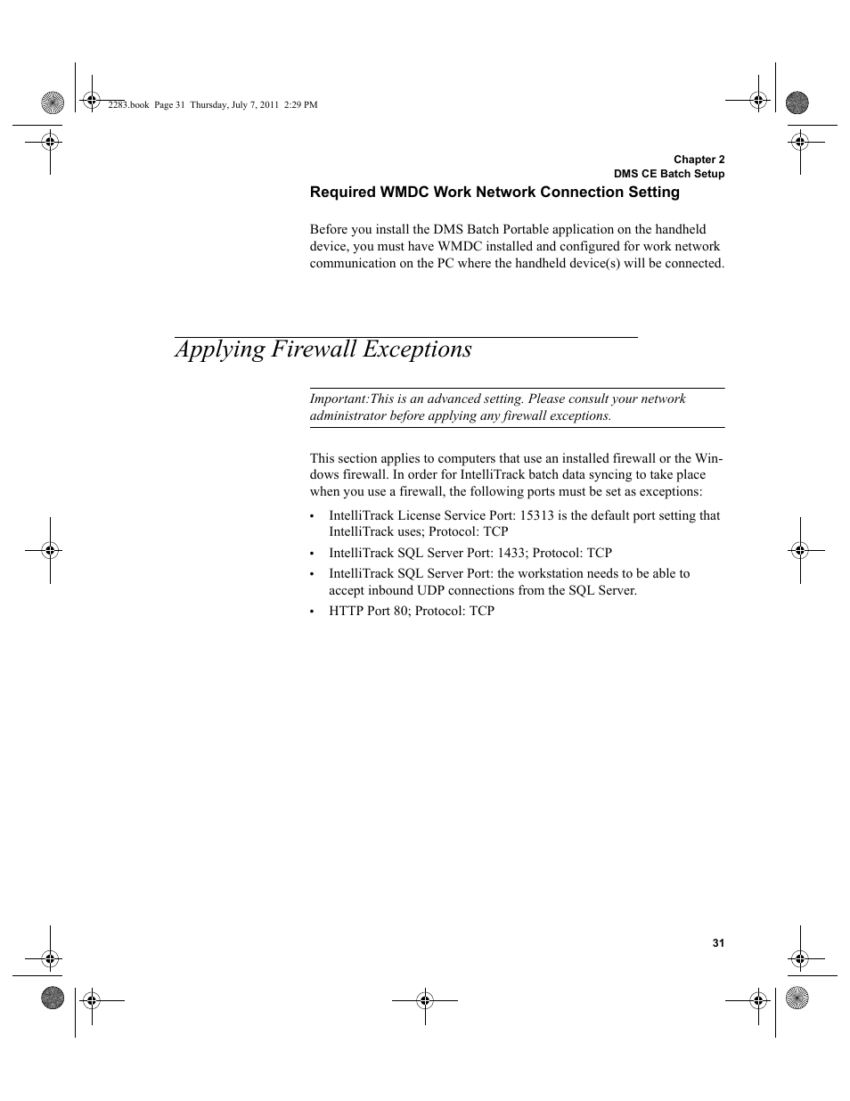 Applying firewall exceptions, Required wmdc work network connection setting, Required | Please refer to, For more, Required wmdc work network connection setting” on, Required wmdc work net | IntelliTrack Check In/Out User Manual | Page 61 / 564