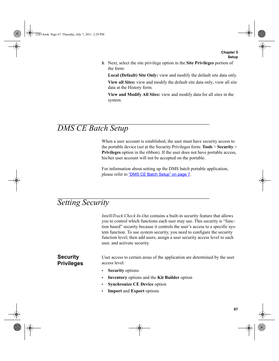 Dms ce batch setup, Setting security, Security privileges | Dms ce batch setup setting security | IntelliTrack Check In/Out User Manual | Page 97 / 564