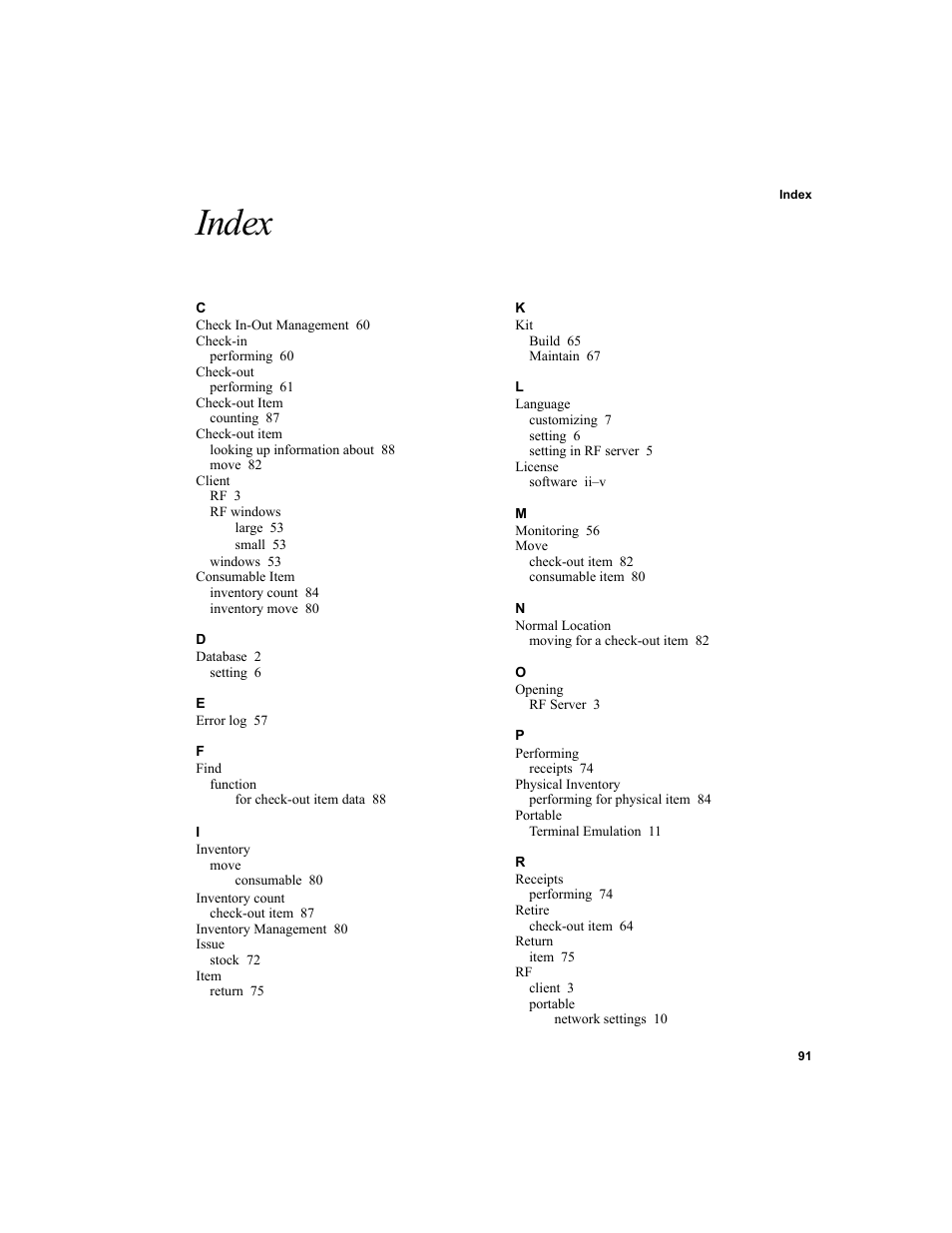 Index | IntelliTrack Check In/Out User Manual | Page 101 / 102