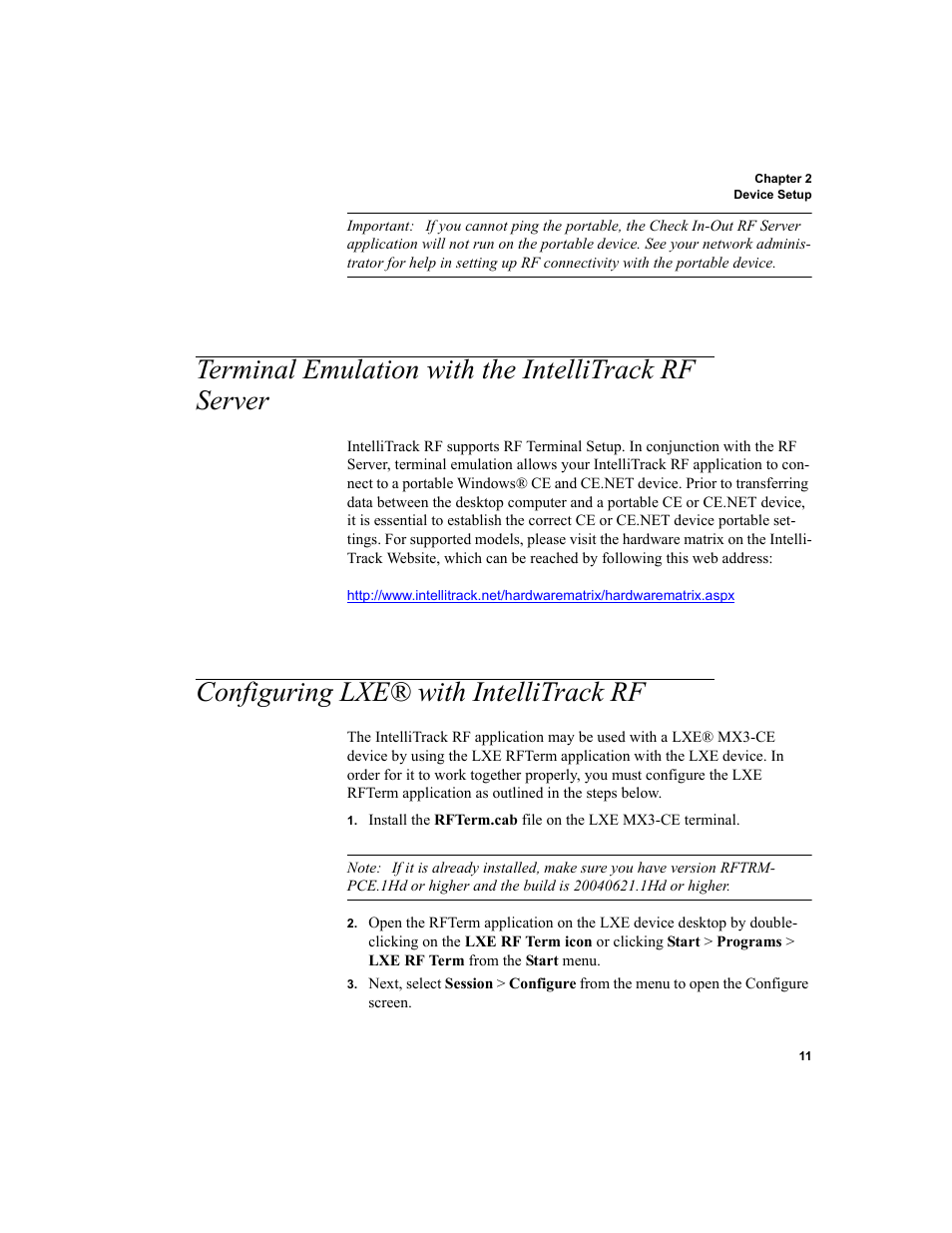 Terminal emulation with the intellitrack rf server, Configuring lxe® with intellitrack rf, Terminal emulation with the intellitrack rf | Server 11, Configuring lxe® with intellitrack rf 11 | IntelliTrack Check In/Out User Manual | Page 21 / 102