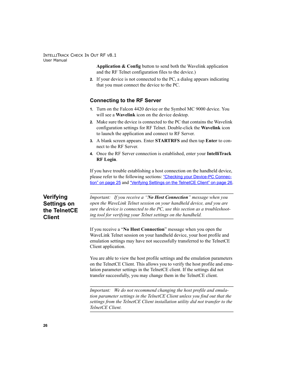 Verifying settings on the telnetce client, Connecting to the rf server, Verifying settings on the telnetce client 26 | IntelliTrack Check In/Out User Manual | Page 36 / 102