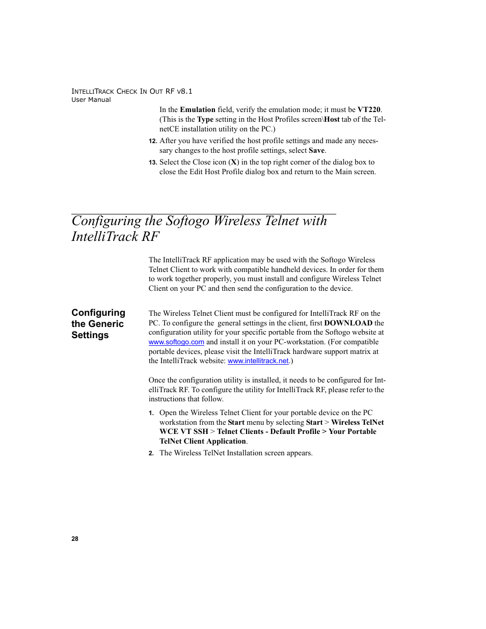 Configuring the generic settings, Configuring the softogo wireless telnet with, Intellitrack rf 28 | Configuring the generic settings 28 | IntelliTrack Check In/Out User Manual | Page 38 / 102