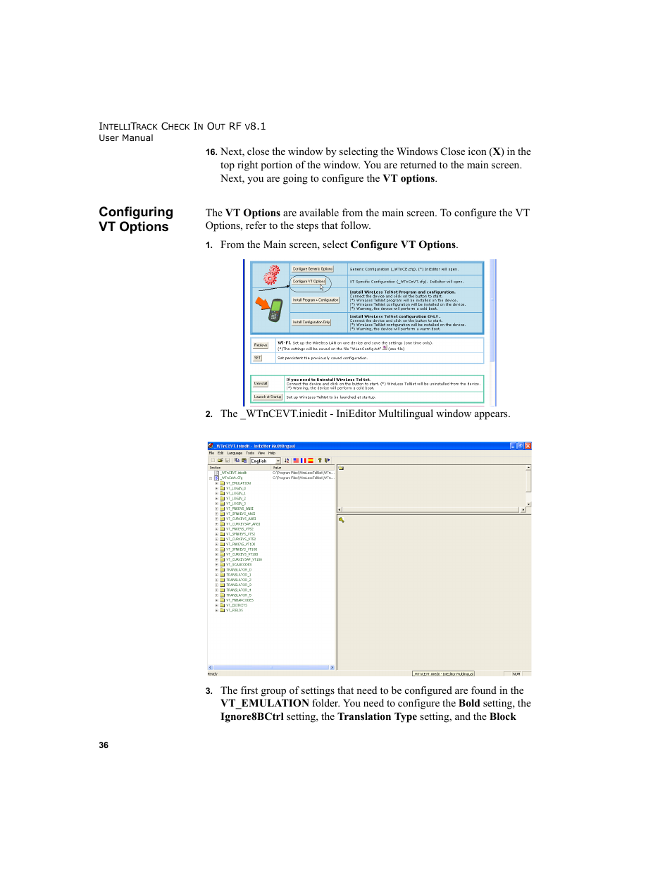 Configuring vt options, Configuring vt options 36 | IntelliTrack Check In/Out User Manual | Page 46 / 102