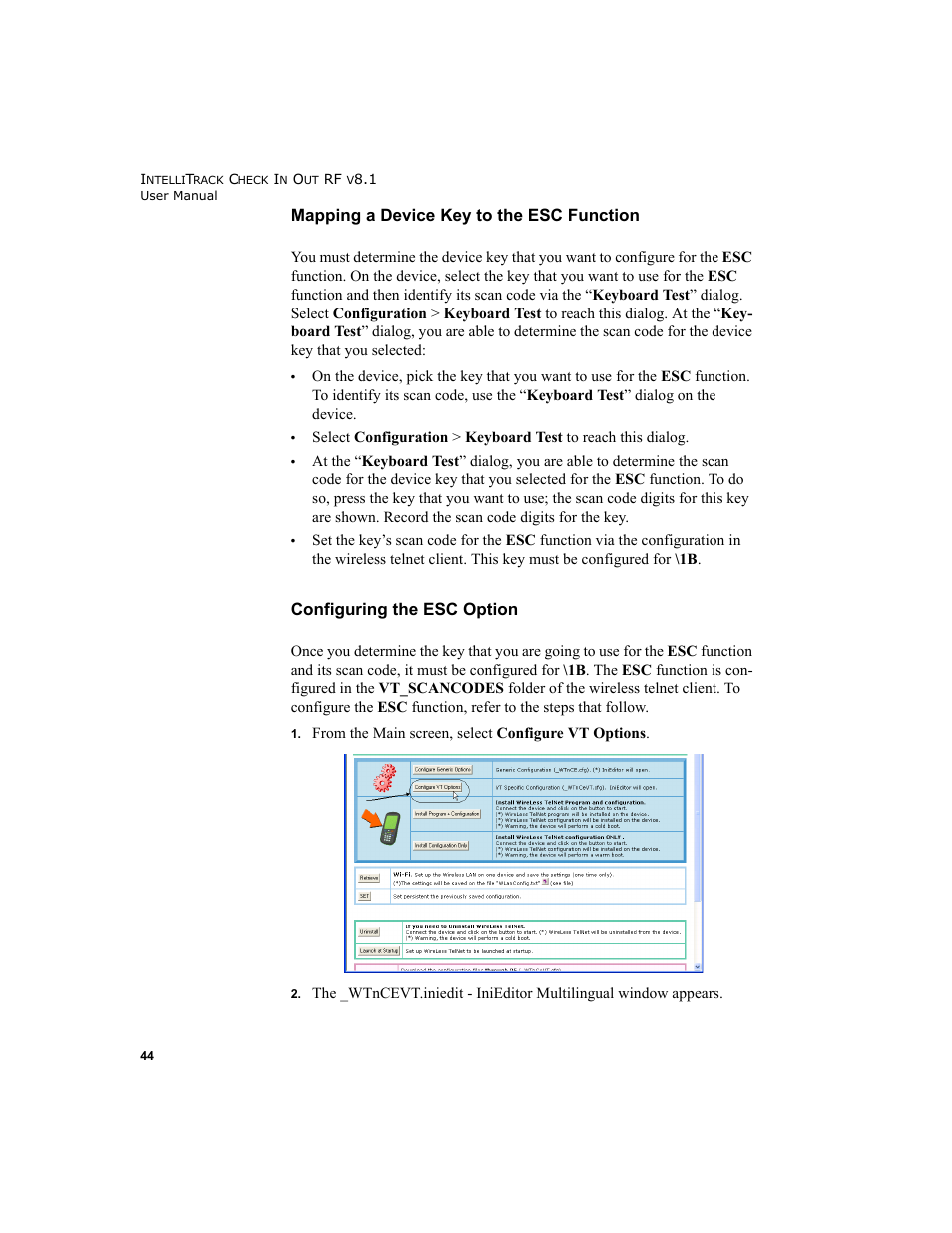 Mapping a device key to the esc function, Configuring the esc option | IntelliTrack Check In/Out User Manual | Page 54 / 102