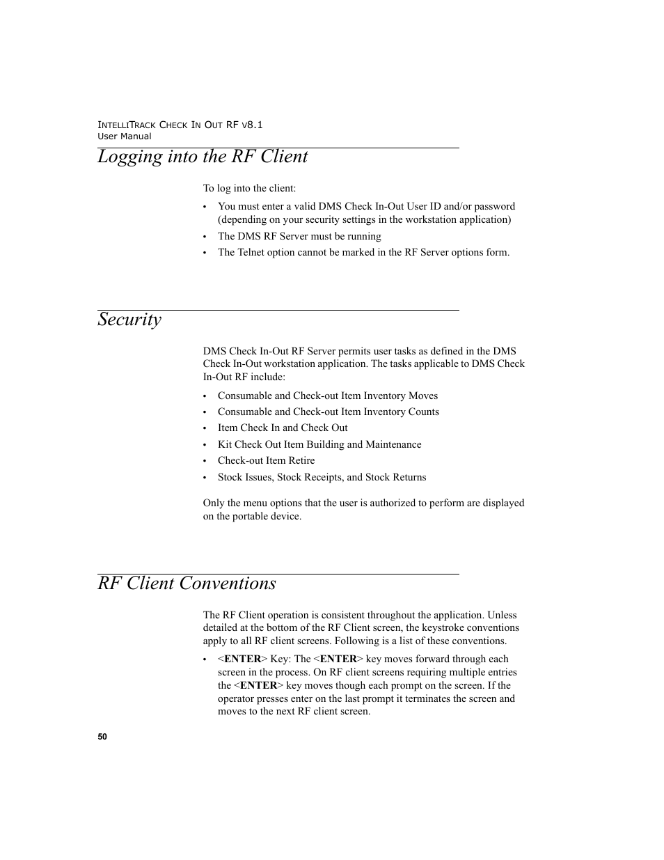 Logging into the rf client, Security, Rf client conventions | Logging into the rf client 50, Security 50, Rf client conventions 50 | IntelliTrack Check In/Out User Manual | Page 60 / 102