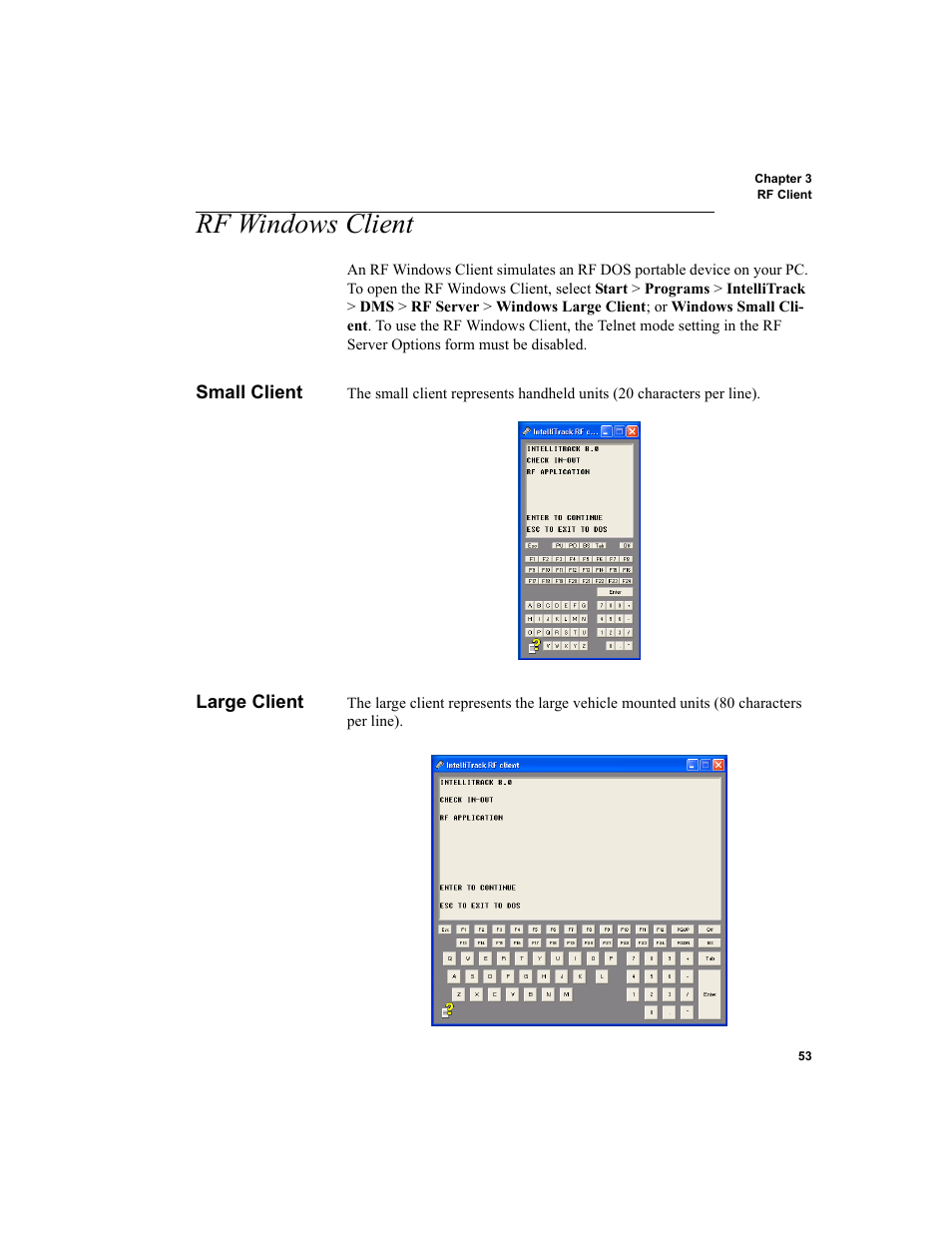 Rf windows client, Small client, Large client | Small client large client, Rf windows client 53, Small client 53, Large client 53 | IntelliTrack Check In/Out User Manual | Page 63 / 102