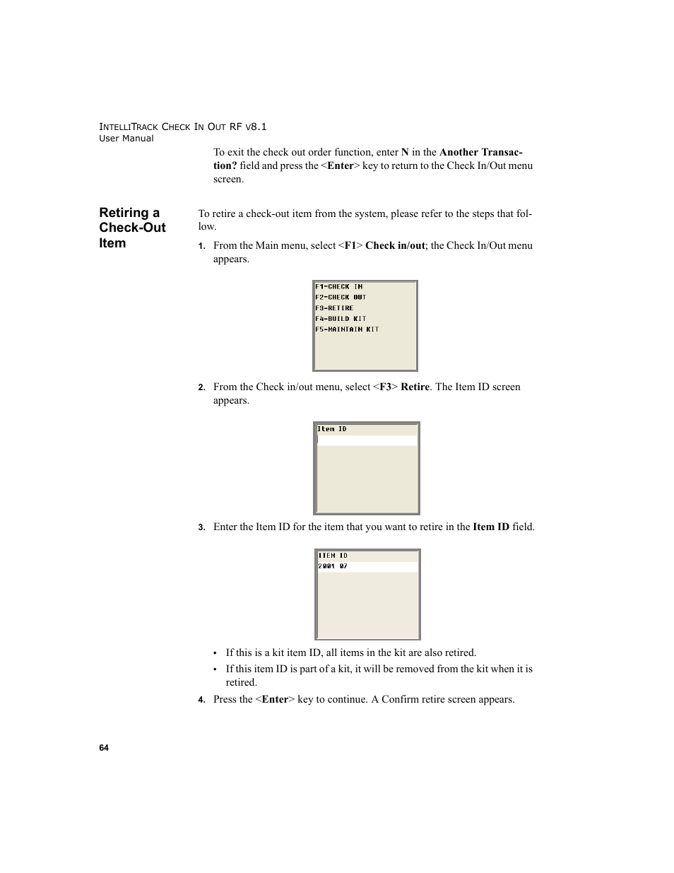 Retiring a check-out item, Retiring a check-out item 64 | IntelliTrack Check In/Out User Manual | Page 74 / 102