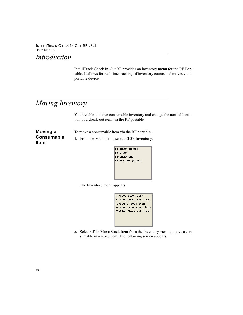 Introduction, Moving inventory, Moving a consumable item | Introduction moving inventory, Introduction 80, Moving inventory 80, Moving a consumable item 80 | IntelliTrack Check In/Out User Manual | Page 90 / 102