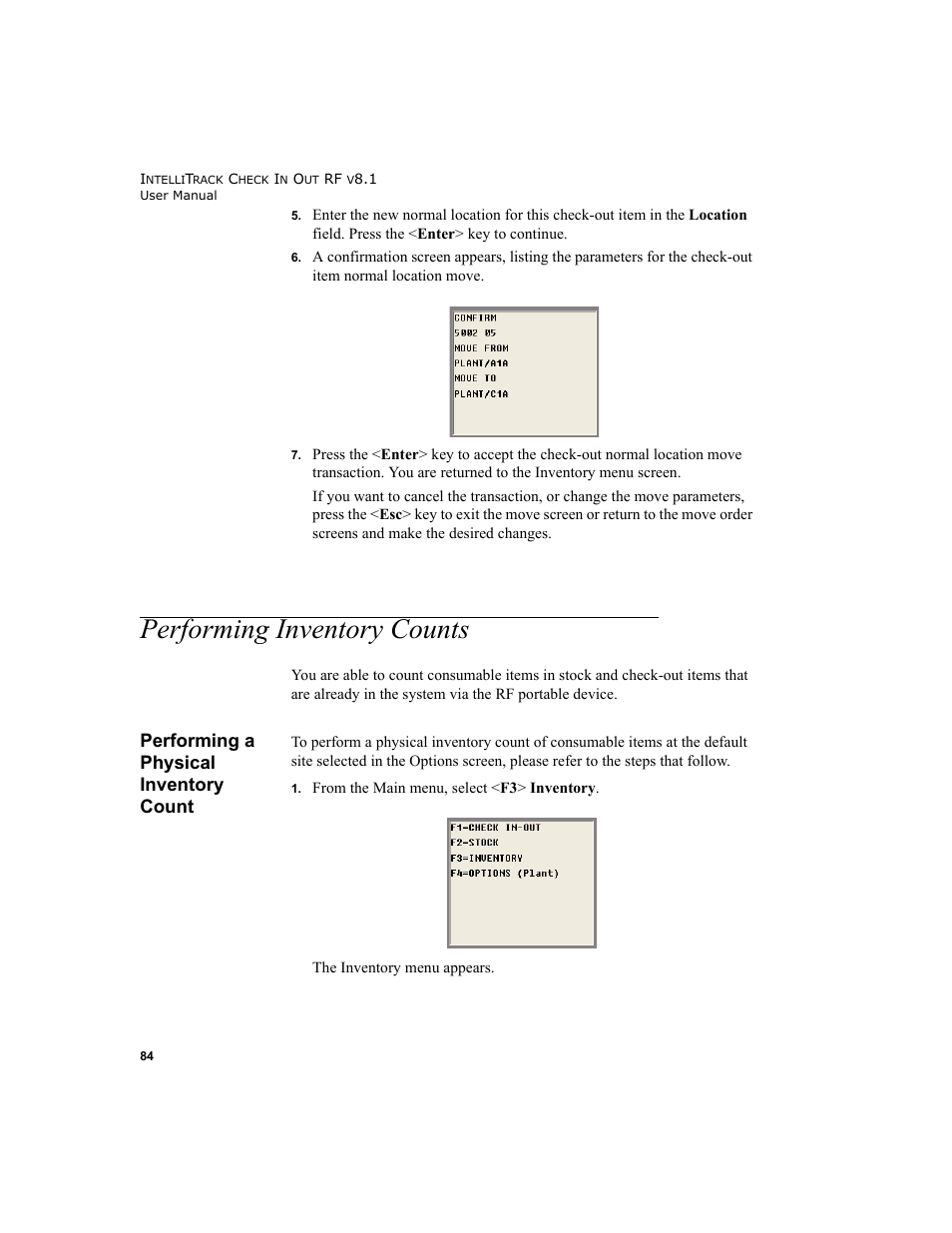 Performing inventory counts, Performing a physical inventory count, Performing inventory counts 84 | Performing a physical inventory count 84 | IntelliTrack Check In/Out User Manual | Page 94 / 102