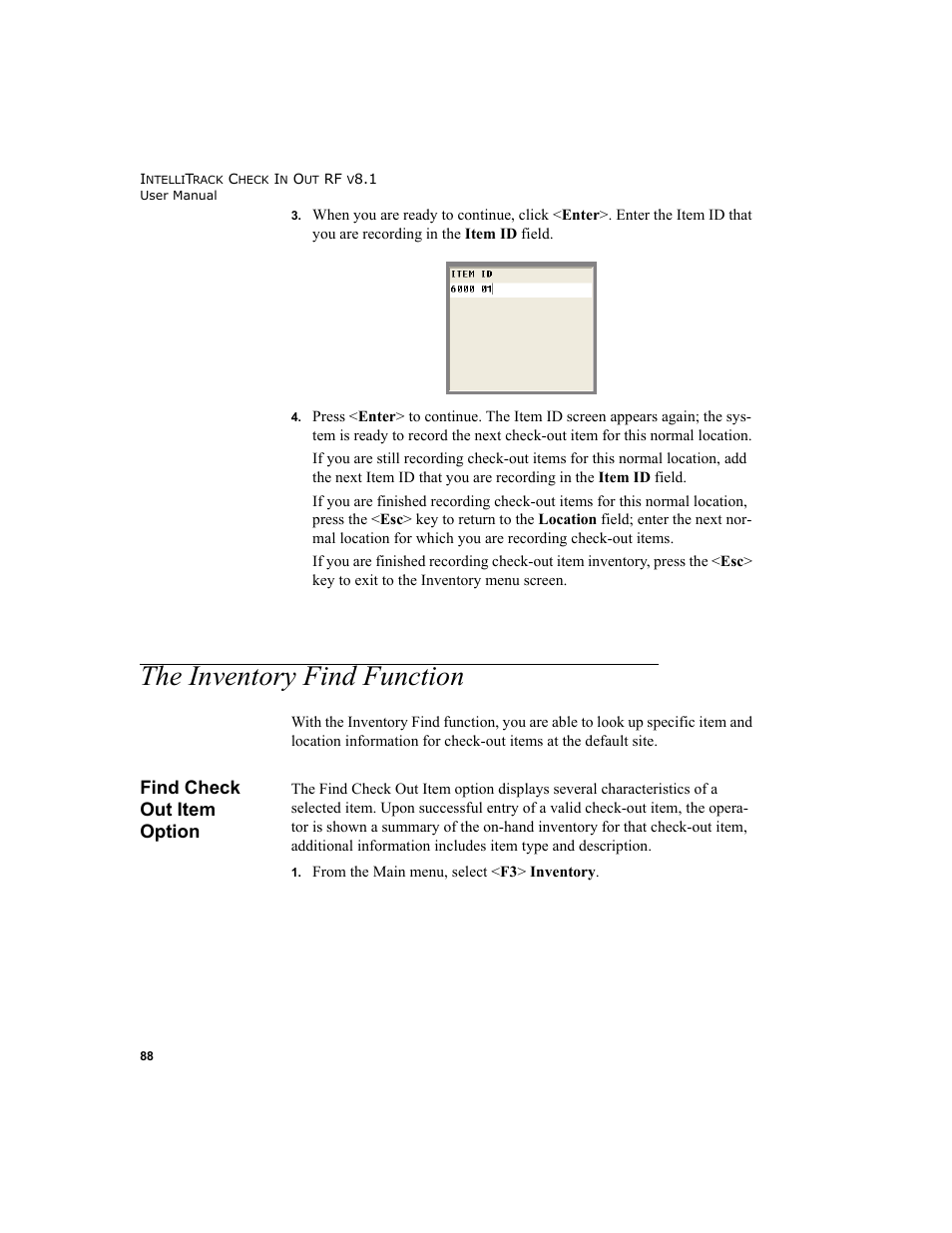 The inventory find function, Find check out item option, The inventory find function 88 | Find check out item option 88 | IntelliTrack Check In/Out User Manual | Page 98 / 102