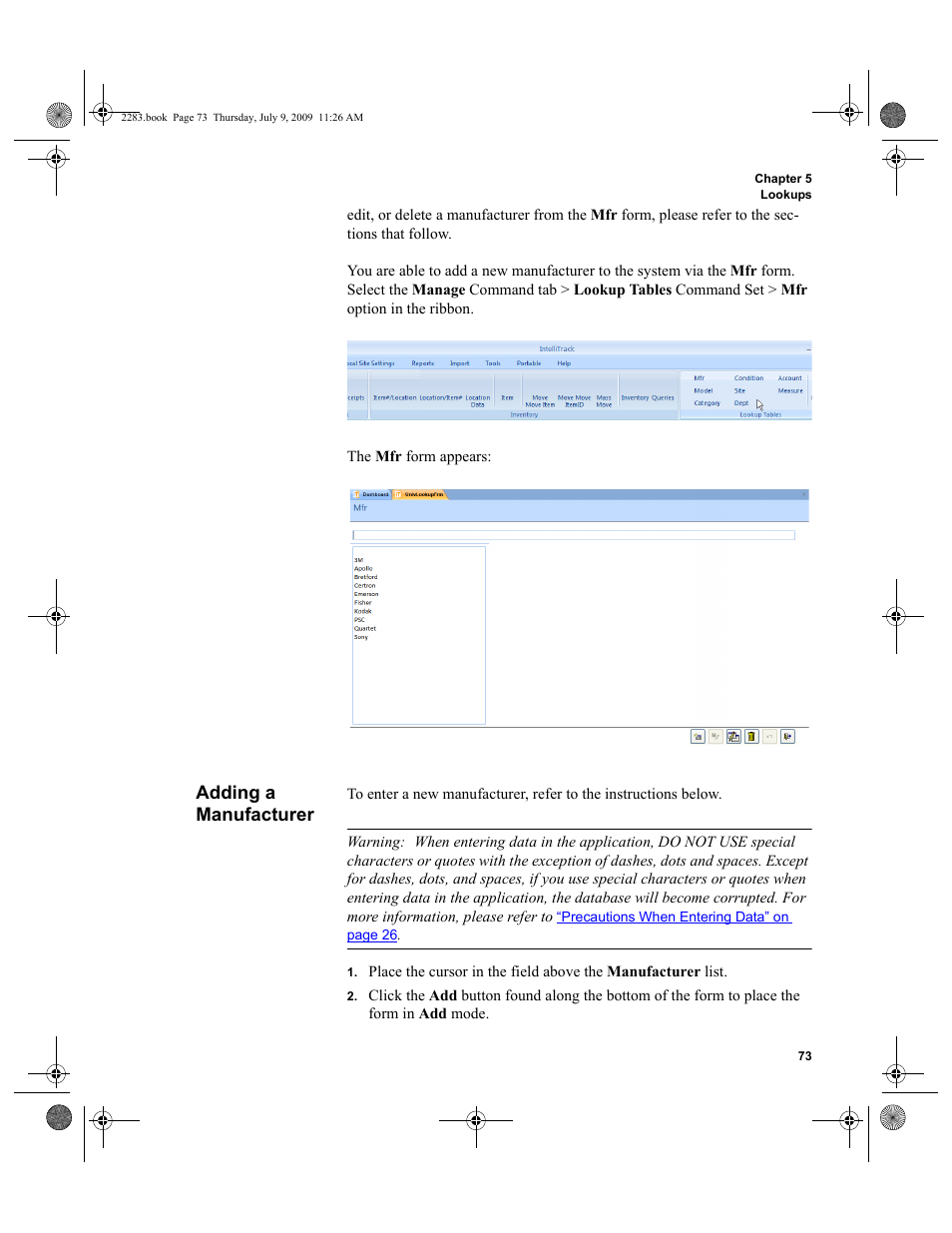 Adding a manufacturer | IntelliTrack Check In/Out User Manual | Page 101 / 474