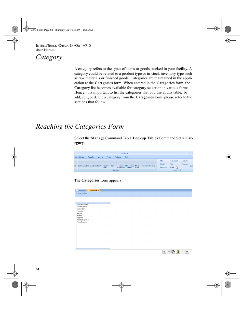 Category, Reaching the categories form, Category reaching the categories form | Category 84, Reaching the categories form 84 | IntelliTrack Check In/Out User Manual | Page 112 / 474