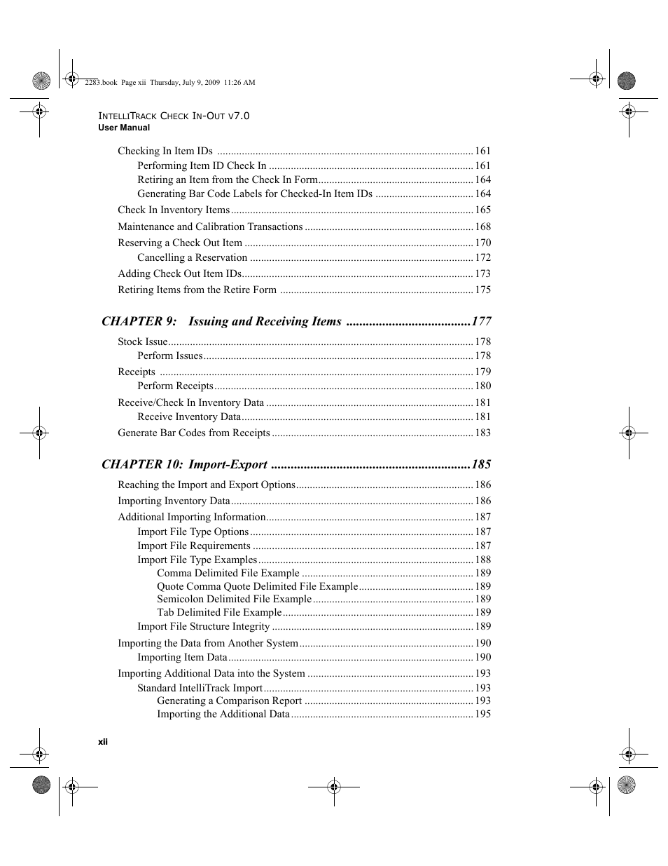 Chapter 9: issuing and receiving items, Chapter 10: import-export | IntelliTrack Check In/Out User Manual | Page 12 / 474