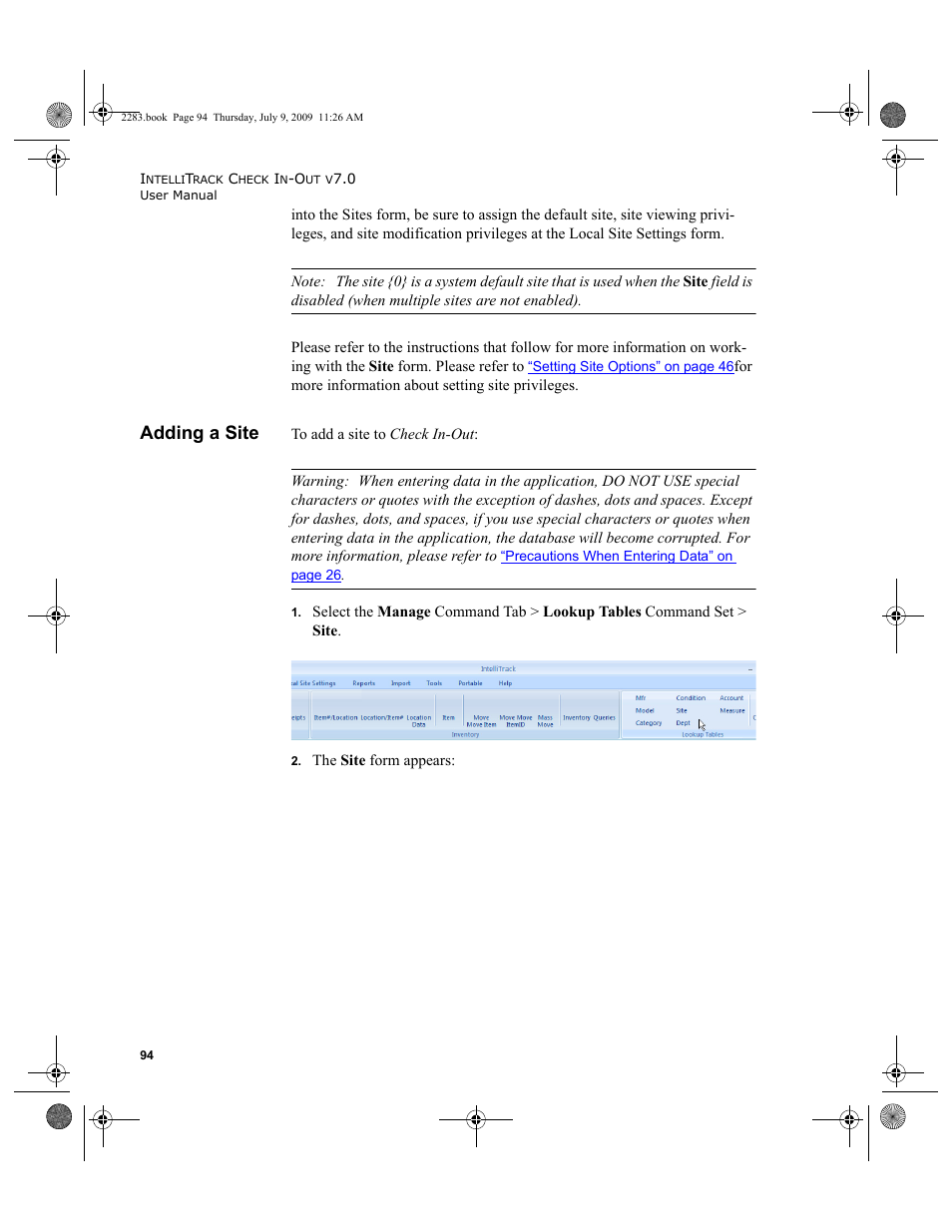 Adding a site | IntelliTrack Check In/Out User Manual | Page 122 / 474