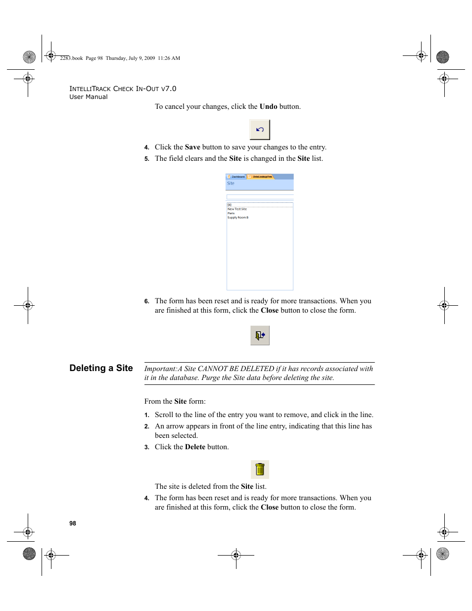 Deleting a site | IntelliTrack Check In/Out User Manual | Page 126 / 474