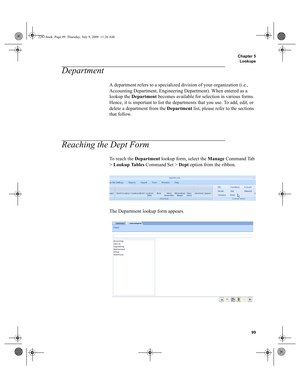 Department, Reaching the dept form, Department reaching the dept form | Department 99, Reaching the dept form 99 | IntelliTrack Check In/Out User Manual | Page 127 / 474