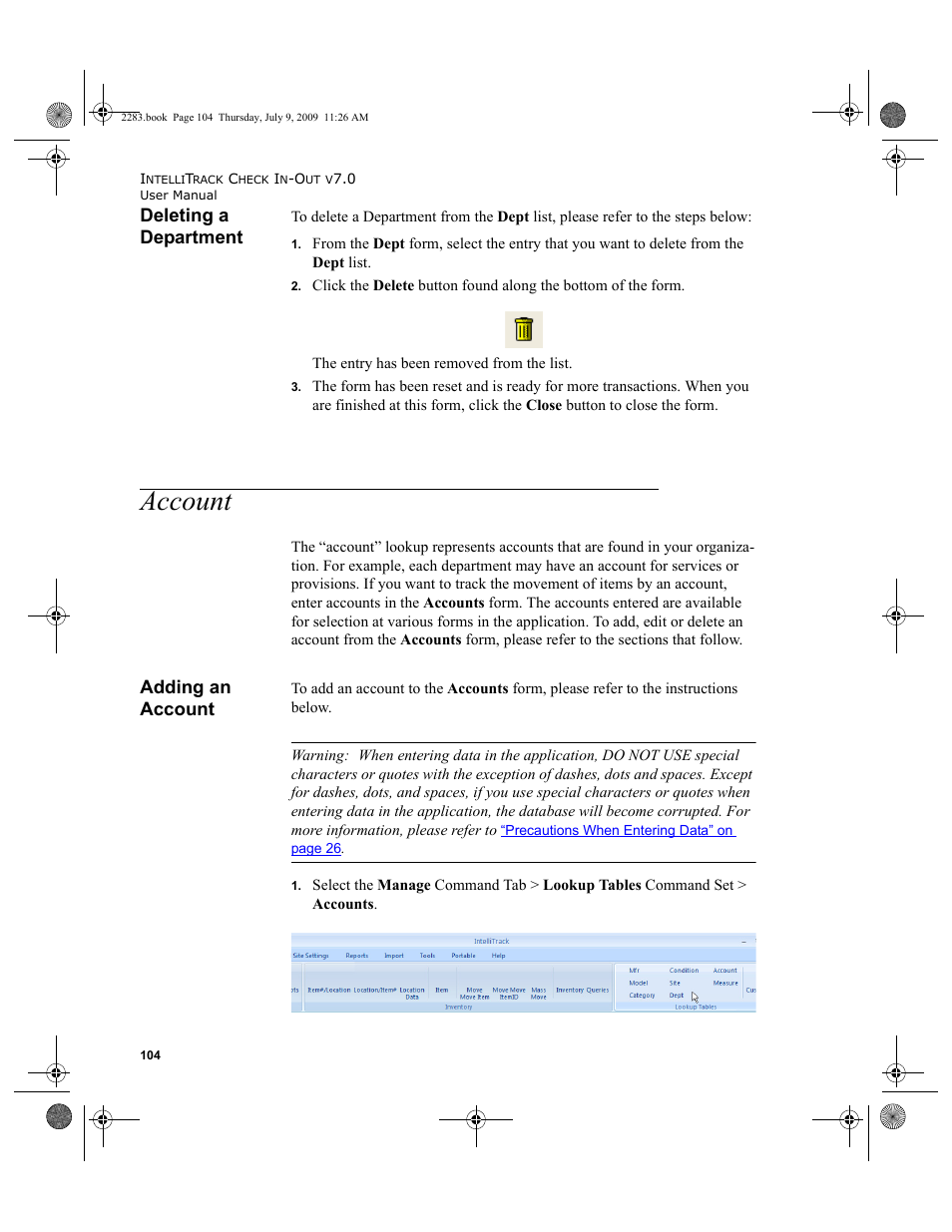 Deleting a department, Account, Adding an account | Account 104 | IntelliTrack Check In/Out User Manual | Page 132 / 474