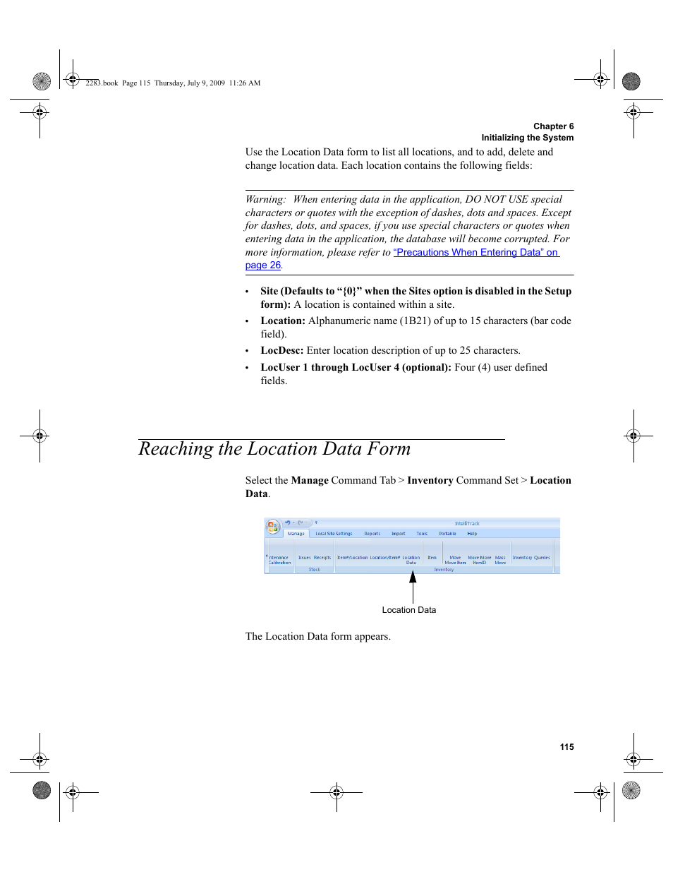 Reaching the location data form, Reaching the location data form 115 | IntelliTrack Check In/Out User Manual | Page 143 / 474