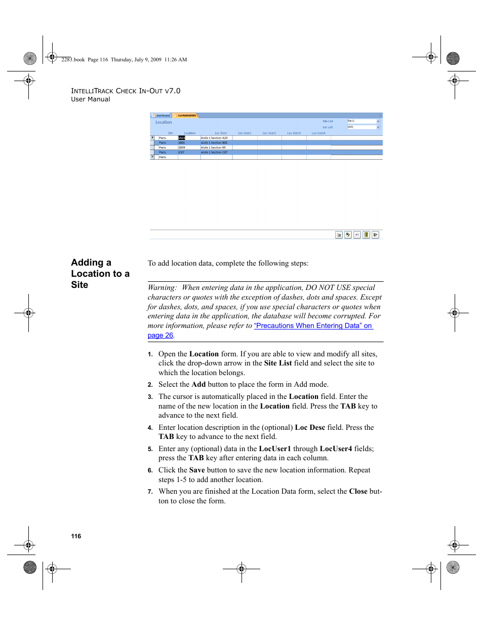 Adding a location to a site, Adding a location to a site 116 | IntelliTrack Check In/Out User Manual | Page 144 / 474