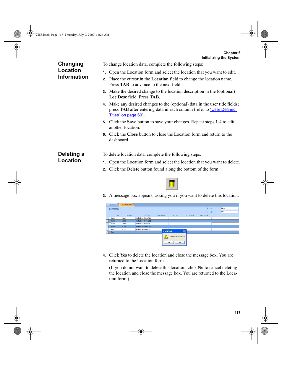 Changing location information, Deleting a location, Changing location information deleting a location | Changing location information 117, Deleting a location 117 | IntelliTrack Check In/Out User Manual | Page 145 / 474