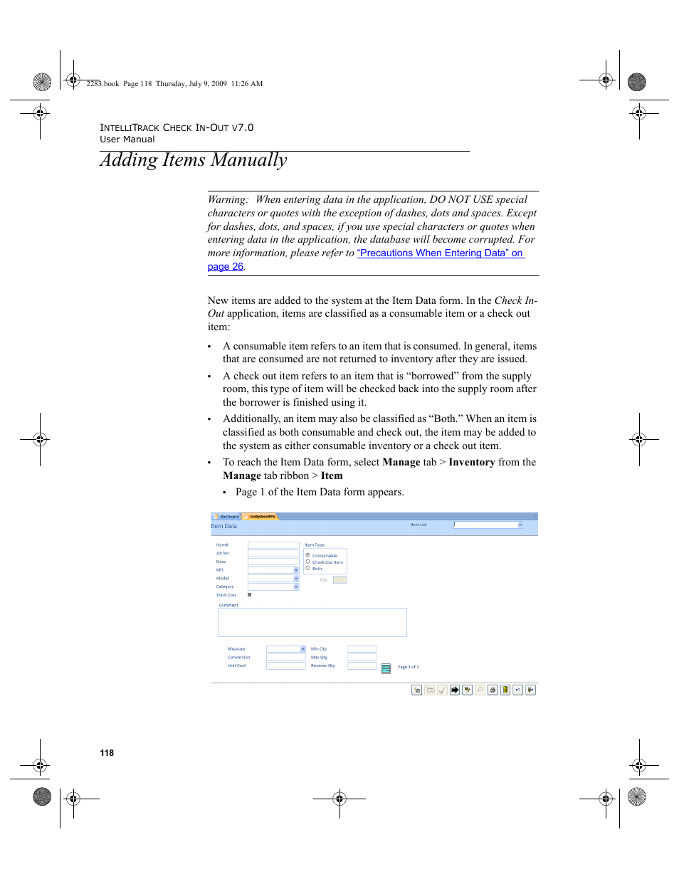 Adding items manually, Adding items manually 118 | IntelliTrack Check In/Out User Manual | Page 146 / 474