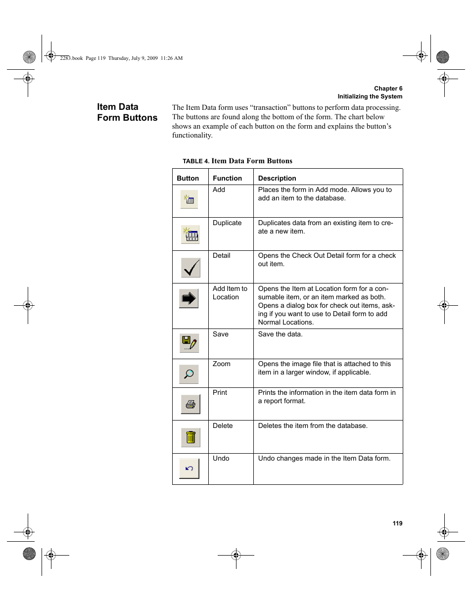 Item data form buttons, Item data form buttons 119 | IntelliTrack Check In/Out User Manual | Page 147 / 474