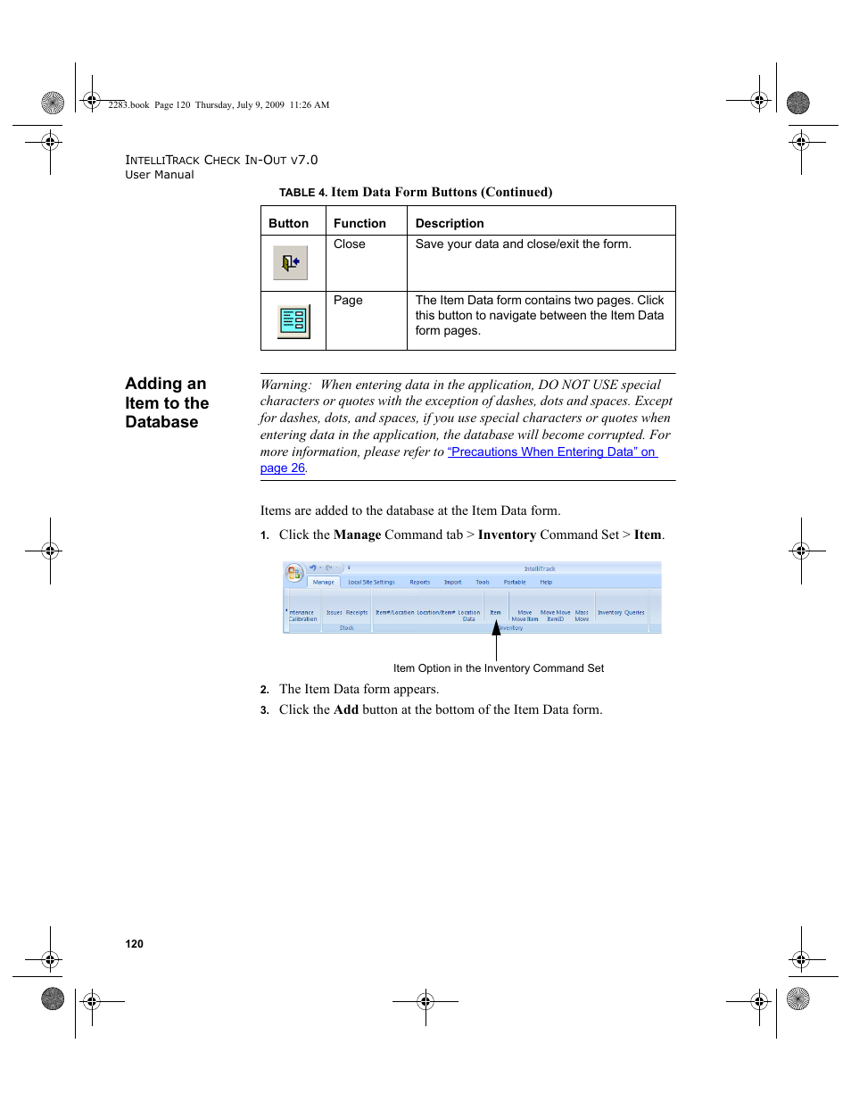 Adding an item to the database, Adding an item to the database 120 | IntelliTrack Check In/Out User Manual | Page 148 / 474