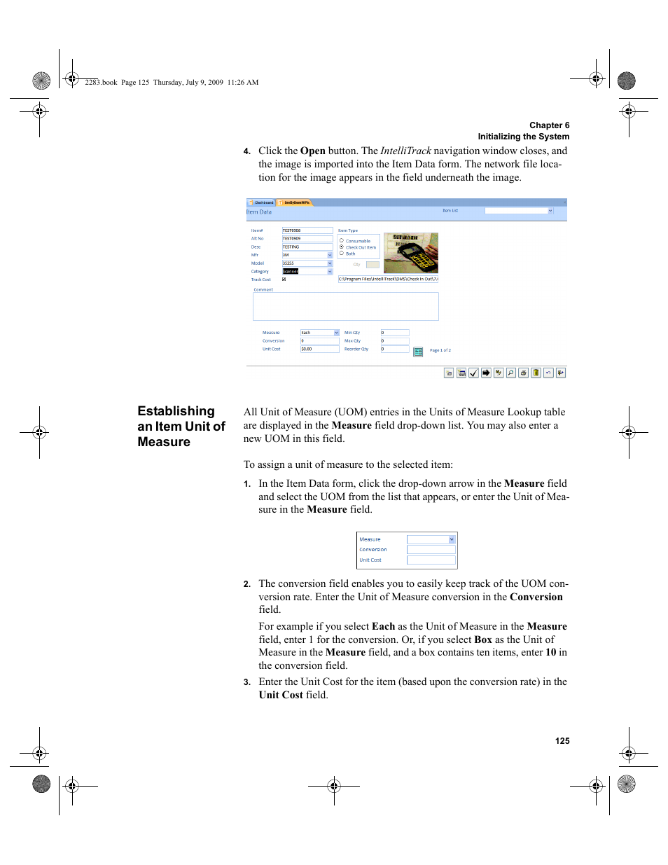 Establishing an item unit of measure, Establishing an item unit of measure 125 | IntelliTrack Check In/Out User Manual | Page 153 / 474