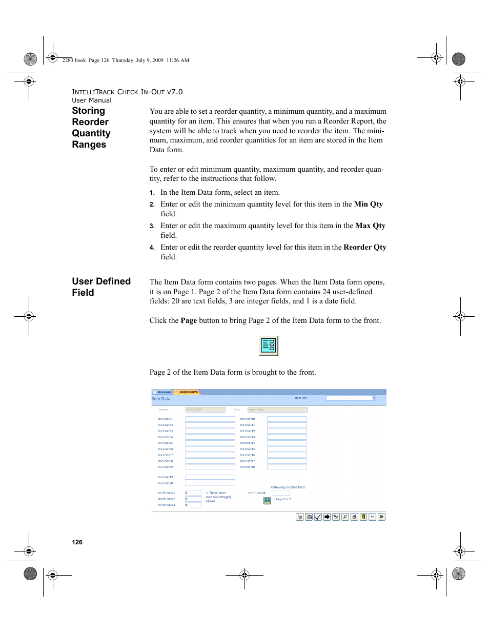 Storing reorder quantity ranges, User defined field, Storing reorder quantity ranges user defined field | Storing reorder quantity ranges 126, User defined field 126 | IntelliTrack Check In/Out User Manual | Page 154 / 474