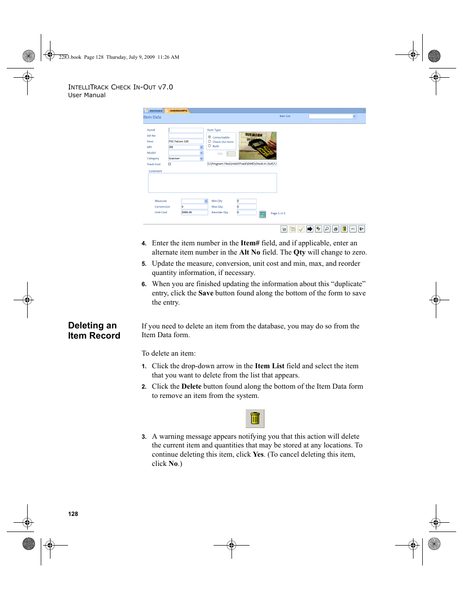 Deleting an item record, Deleting an item record 128 | IntelliTrack Check In/Out User Manual | Page 156 / 474