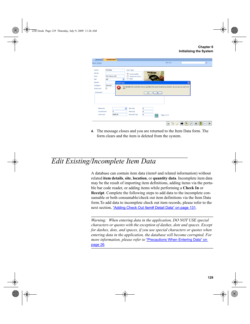 Edit existing/incomplete item data, Edit existing/incomplete item data 129 | IntelliTrack Check In/Out User Manual | Page 157 / 474