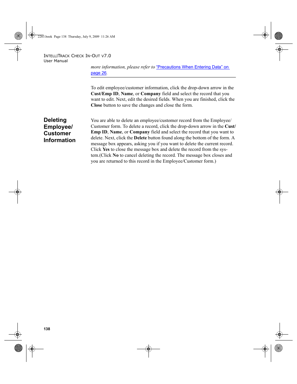 Deleting employee/ customer information, Deleting employee/customer information, Deleting employee/customer information 138 | IntelliTrack Check In/Out User Manual | Page 166 / 474