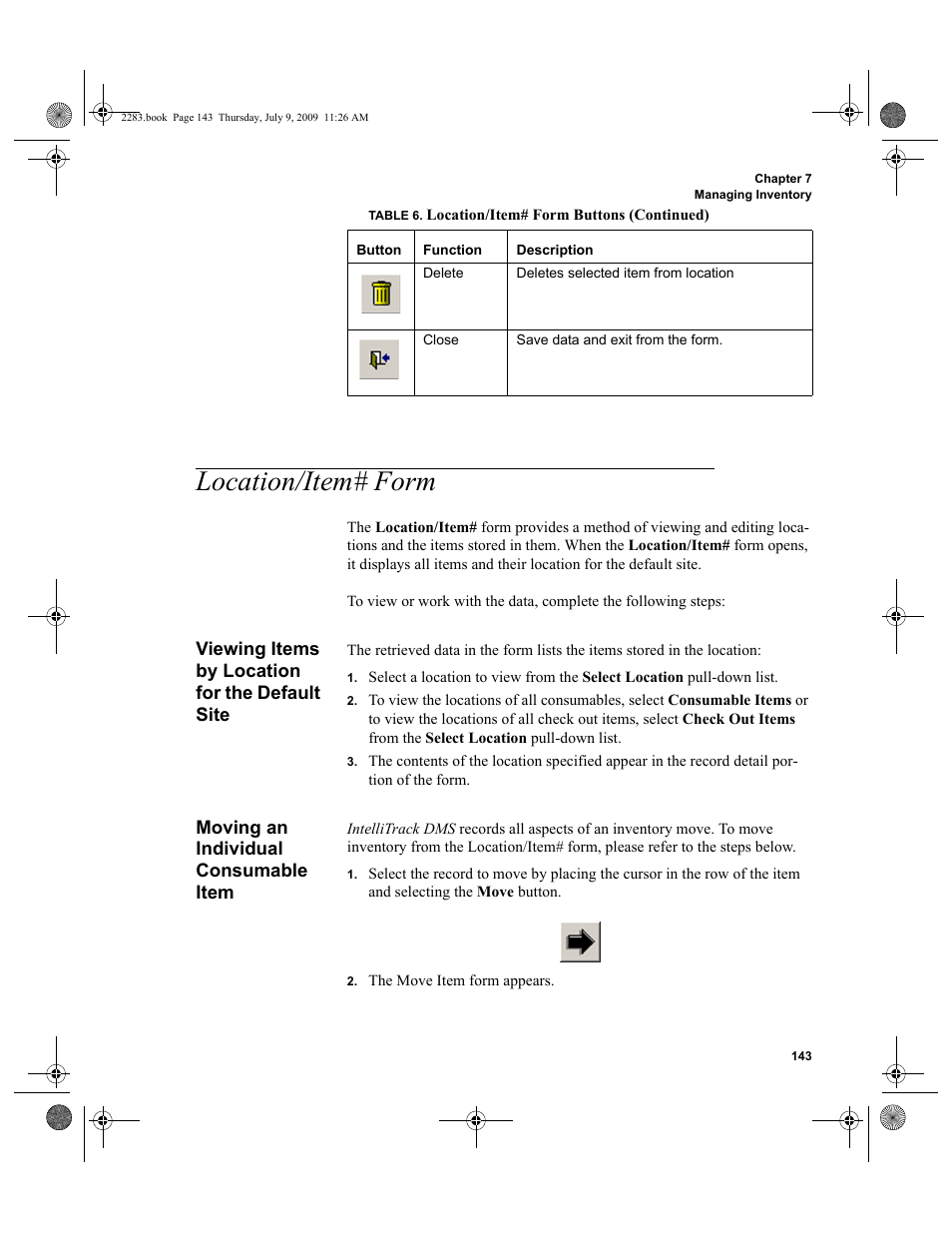 Location/item# form, Viewing items by location for the default site, Moving an individual consumable item | Location/item# form 143, Viewing items by location for the default site 143, Moving an individual consumable item 143 | IntelliTrack Check In/Out User Manual | Page 171 / 474