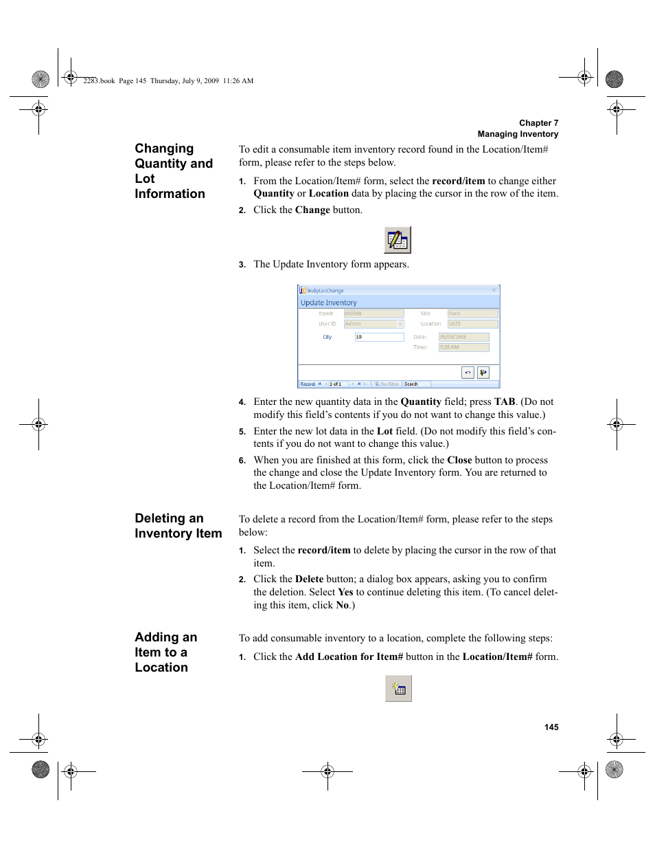 Changing quantity and lot information, Deleting an inventory item, Adding an item to a location | Changing quantity and lot information 145, Deleting an inventory item 145, Adding an item to a location 145 | IntelliTrack Check In/Out User Manual | Page 173 / 474