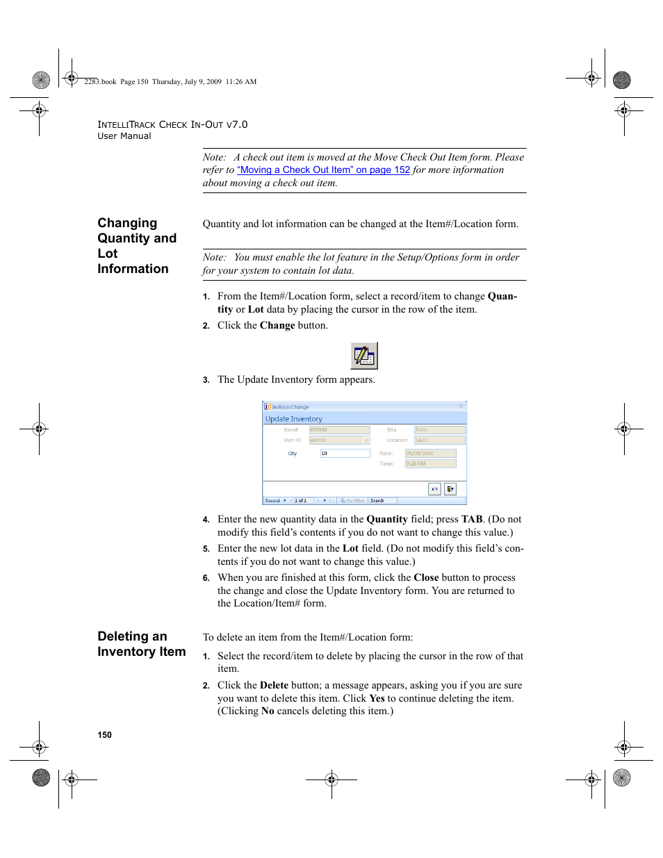 Changing quantity and lot information, Deleting an inventory item, Changing quantity and lot information 150 | Deleting an inventory item 150 | IntelliTrack Check In/Out User Manual | Page 178 / 474