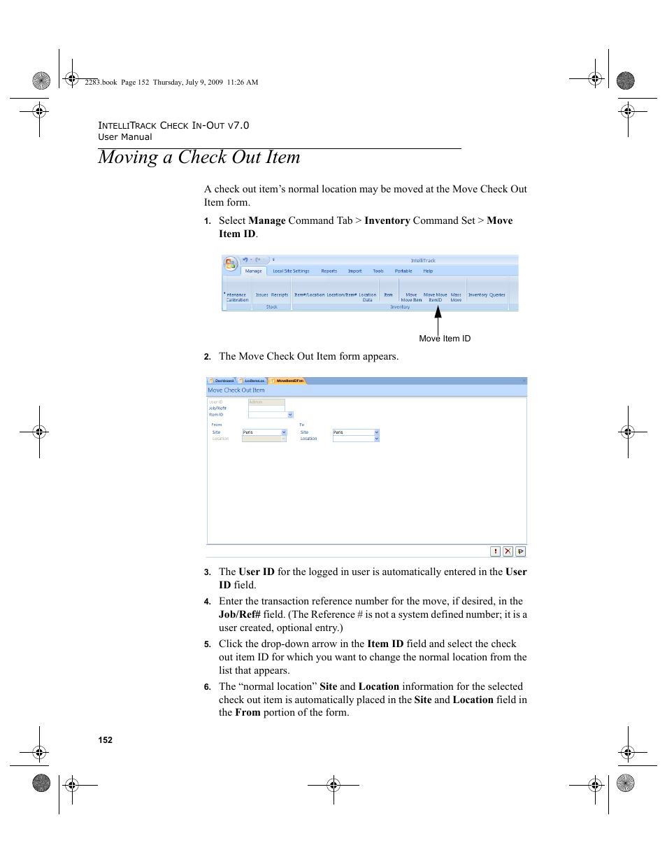 Moving a check out item, Moving a check out item 152 | IntelliTrack Check In/Out User Manual | Page 180 / 474