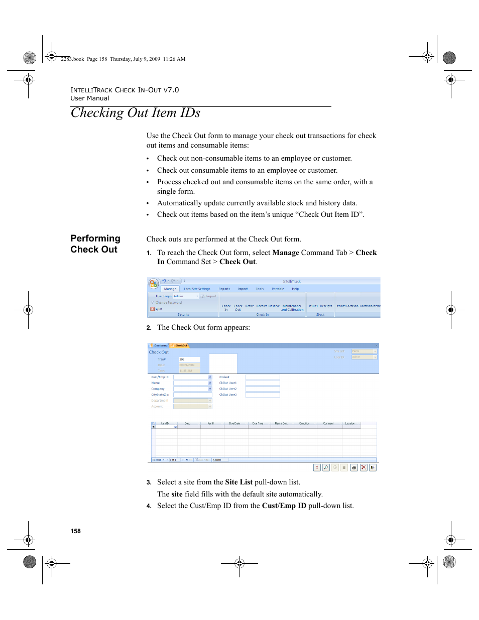 Checking out item ids, Performing check out, Checking out item ids 158 | Performing check out 158 | IntelliTrack Check In/Out User Manual | Page 186 / 474