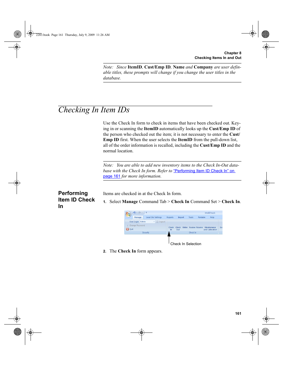 Checking in item ids, Performing item id check in, Checking in item ids 161 | Performing item id check in 161 | IntelliTrack Check In/Out User Manual | Page 189 / 474