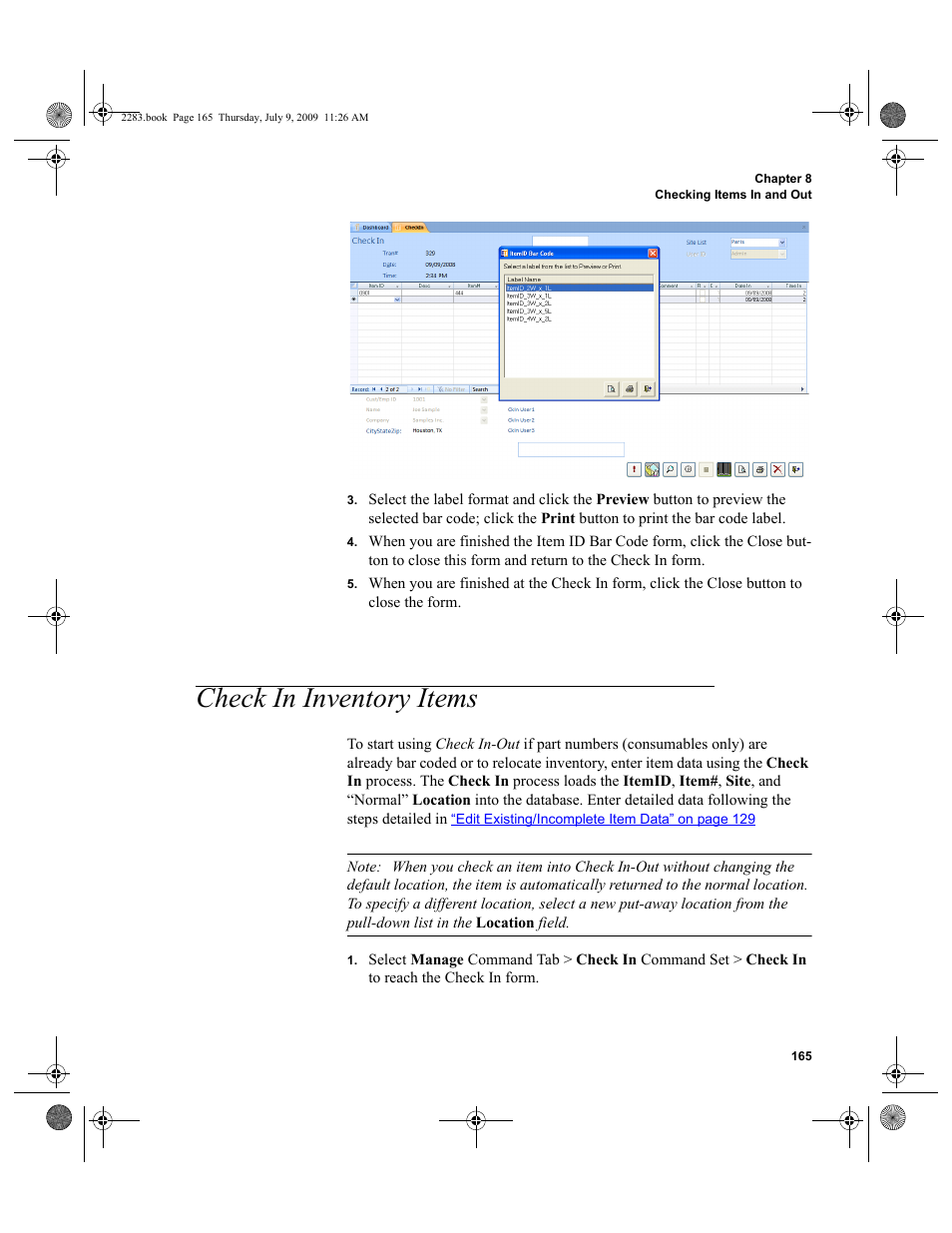 Check in inventory items, Check in inventory items 165 | IntelliTrack Check In/Out User Manual | Page 193 / 474