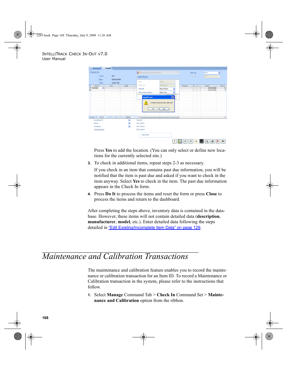 Maintenance and calibration transactions, Maintenance and calibration transactions 168 | IntelliTrack Check In/Out User Manual | Page 196 / 474