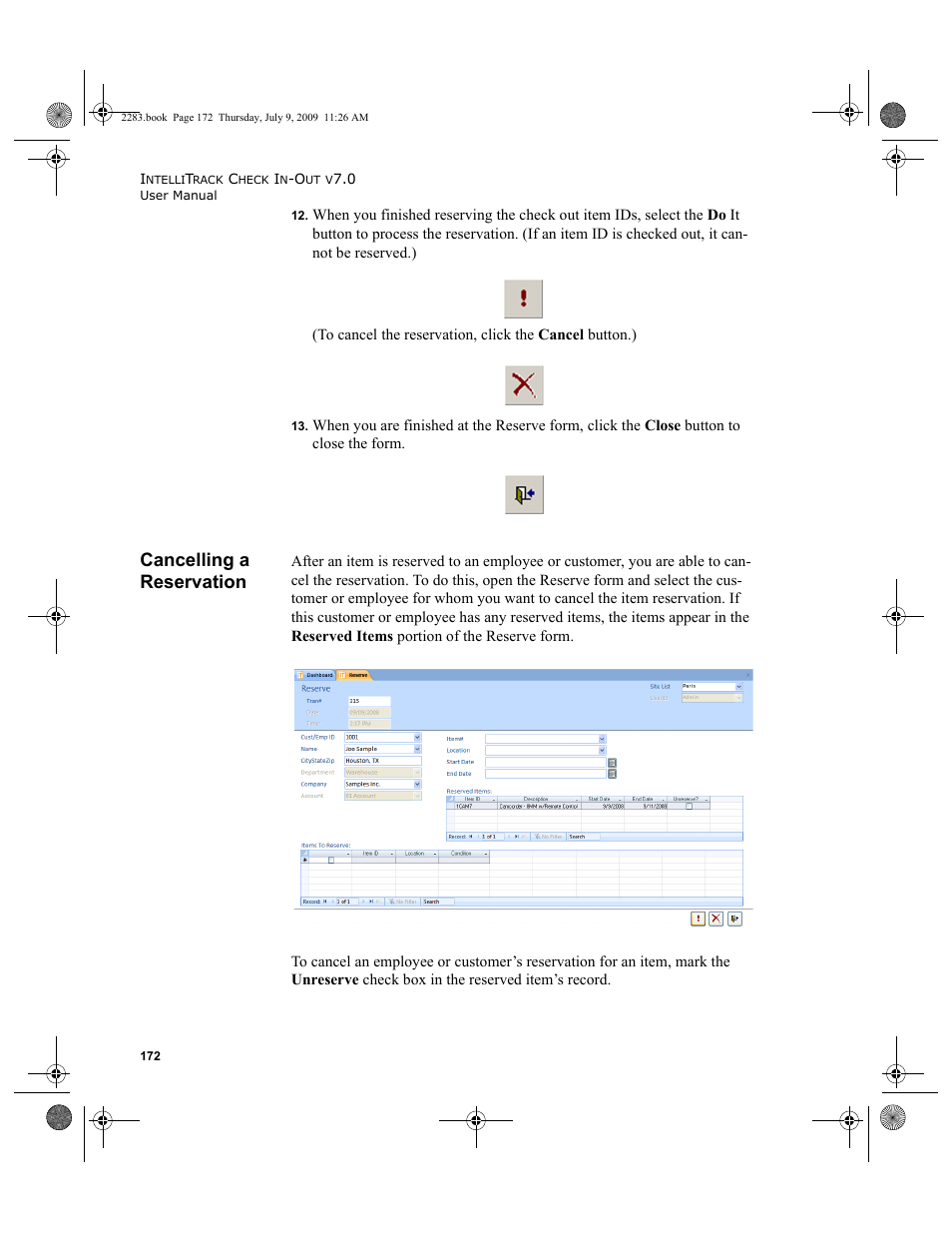 Cancelling a reservation, Cancelling a reservation 172 | IntelliTrack Check In/Out User Manual | Page 200 / 474