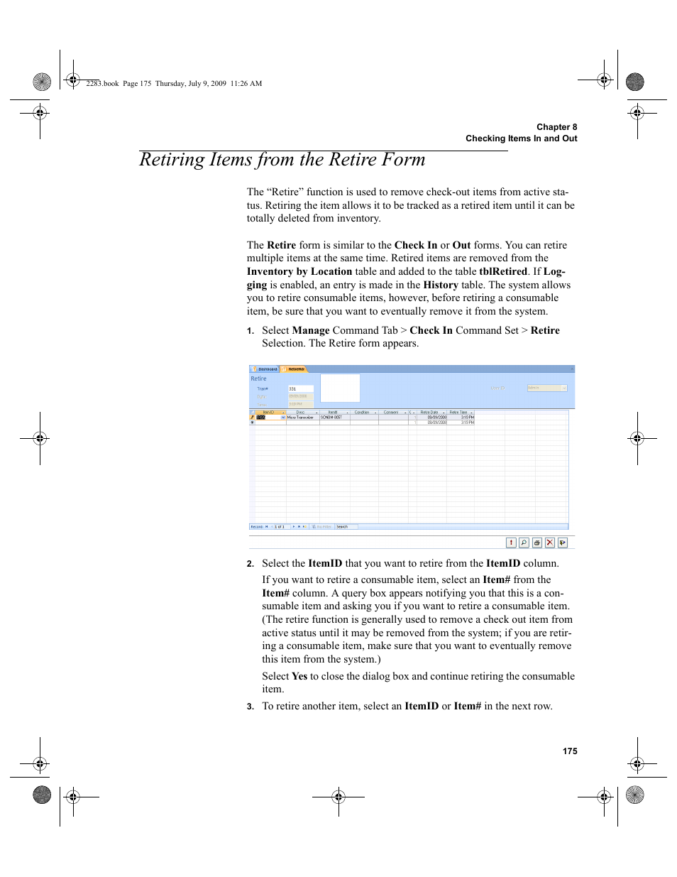 Retiring items from the retire form, Retiring items from the retire form 175 | IntelliTrack Check In/Out User Manual | Page 203 / 474