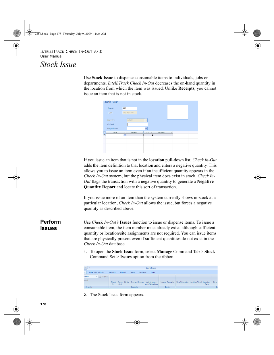 Stock issue, Perform issues, Stock issue 178 | Perform issues 178 | IntelliTrack Check In/Out User Manual | Page 206 / 474