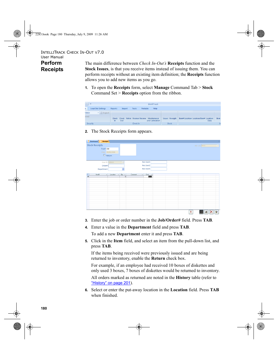 Perform receipts, Perform receipts 180 | IntelliTrack Check In/Out User Manual | Page 208 / 474