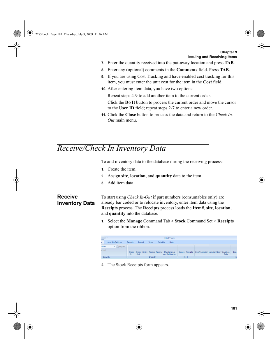Receive/check in inventory data, Receive inventory data, Receive/check in inventory data 181 | Receive inventory data 181 | IntelliTrack Check In/Out User Manual | Page 209 / 474