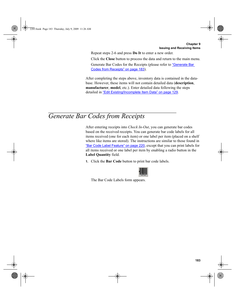 Generate bar codes from receipts, Generate bar codes from receipts 183 | IntelliTrack Check In/Out User Manual | Page 211 / 474