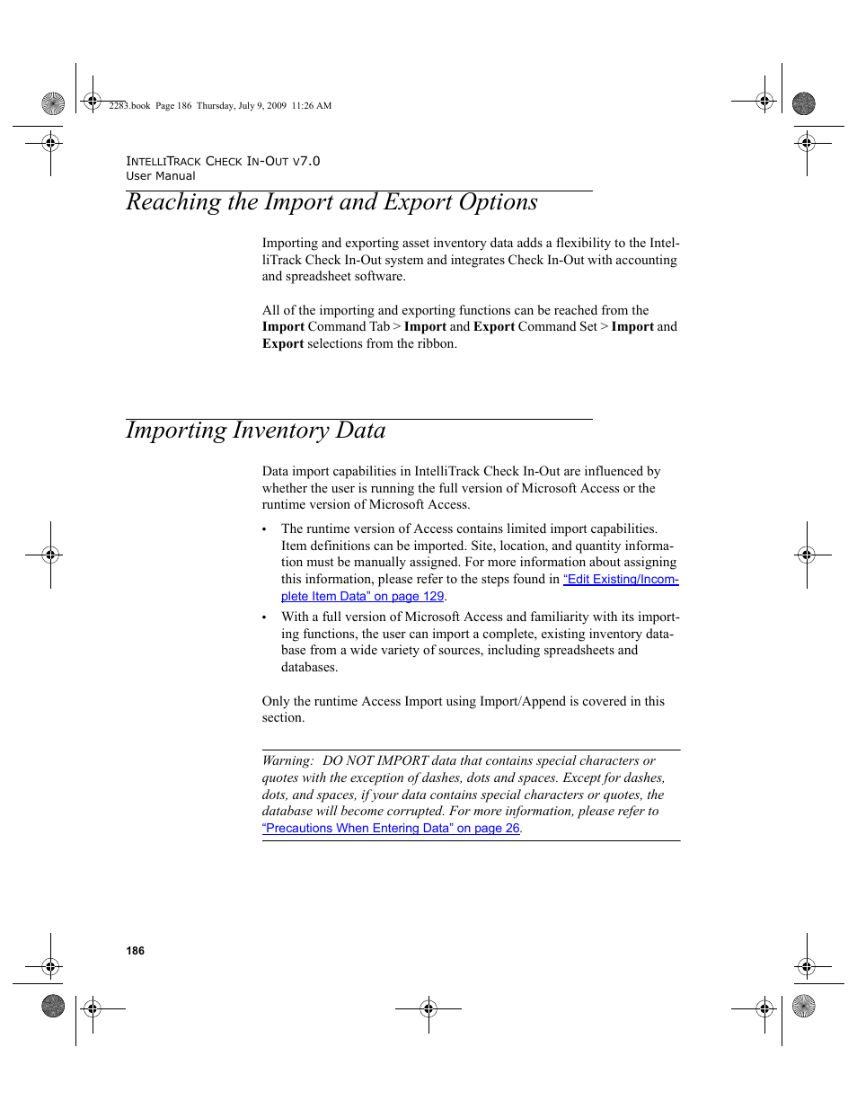 Reaching the import and export options, Importing inventory data, Reaching the import and export options 186 | Importing inventory data 186 | IntelliTrack Check In/Out User Manual | Page 214 / 474