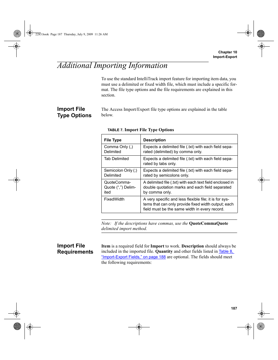 Additional importing information, Import file type options, Import file requirements | Import file type options import file requirements, Additional importing information 187, Import file type options 187, Import file requirements 187 | IntelliTrack Check In/Out User Manual | Page 215 / 474